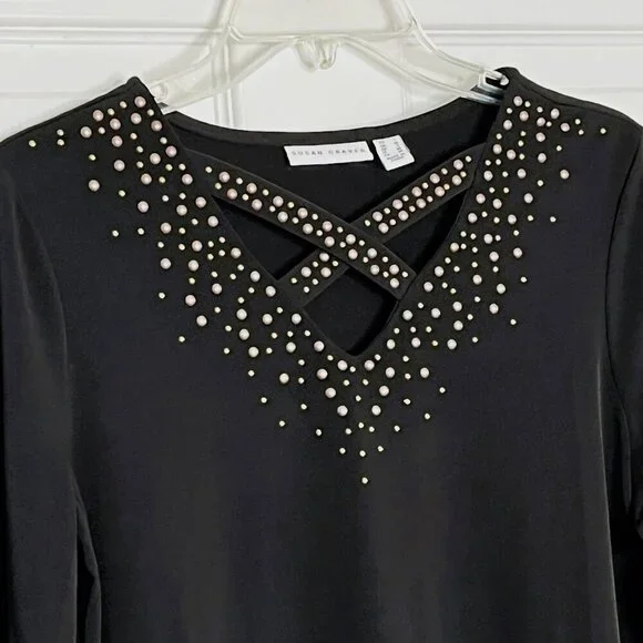 Susan Graver Liquid Knit Top sz S Caged Neck Stretch Moto Biker Office Church - Picture 2 of 7